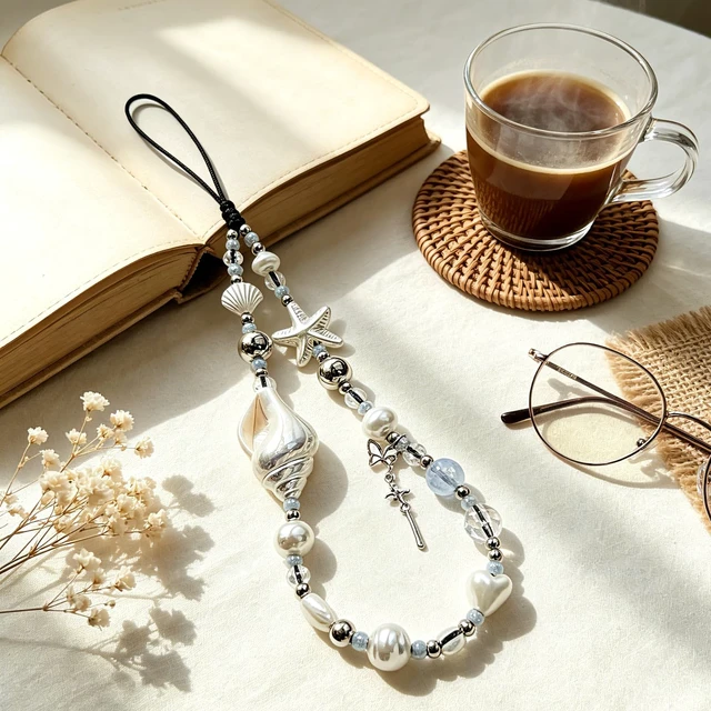 Alt view image 6 of 7 - Beaded Camera Wrist Strap Cute Pearl Digital Camera Charm Lanyard, Phone Wristlet Charms, Beaded Camera Chain for Phone, Bag, Keychain Accessories (White Conch)