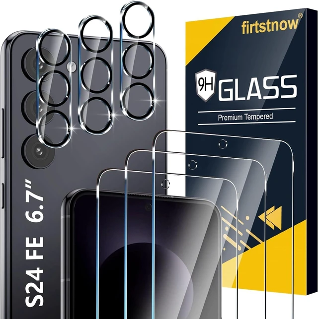Main image of 3 Pack for Samsung Galaxy S24 FE Screen Protector Tempered Glass + 3 Pack Camera Lens Protector, Military Grade Shatterproof, 9H Hardness, Fingerprint Unlock, Case Friendly 6.7 Inch
