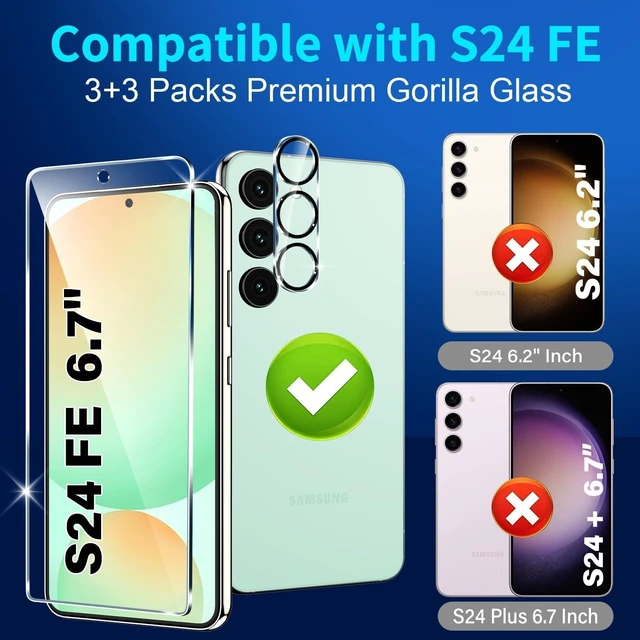 Alt view image 2 of 7 - 3 Pack for Samsung Galaxy S24 FE Screen Protector Tempered Glass + 3 Pack Camera Lens Protector, Military Grade Shatterproof, 9H Hardness, Fingerprint Unlock, Case Friendly 6.7 Inch