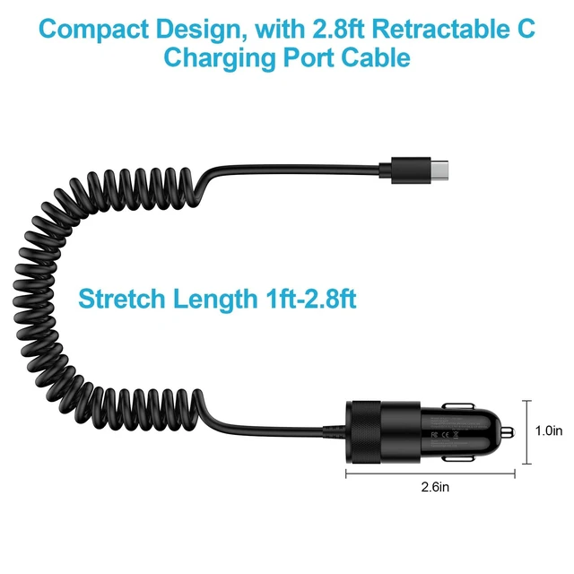 Alt view image 4 of 7 - for iPhone 16e 17e 16 17 18 Pro Max Air, Fast Car Charger Adapter for | iPhone Duo, 16, 16e, 16 Pro Max, 16 Plus, 15, USB C Vehicle Phone Auto Automobile Plug 2.8FT Coiled Cable Cord, Charging