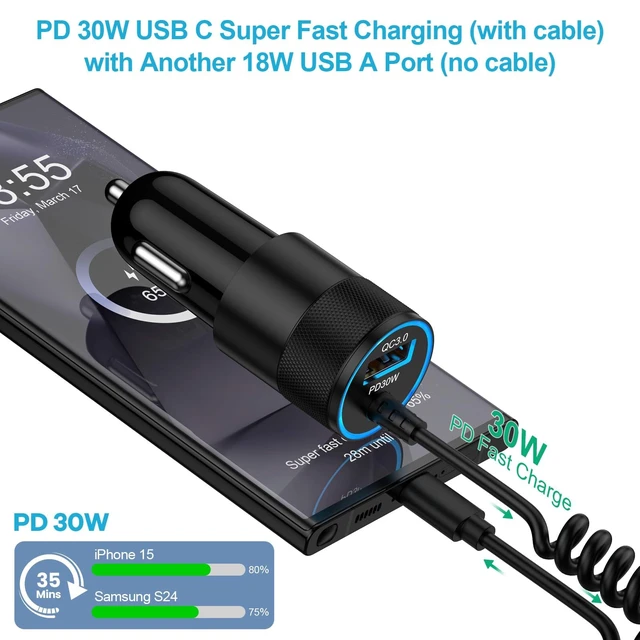 Alt view image 2 of 7 - for iPhone 16e 17e 16 17 18 Pro Max Air, Fast Car Charger Adapter for | iPhone Duo, 16, 16e, 16 Pro Max, 16 Plus, 15, USB C Vehicle Phone Auto Automobile Plug 2.8FT Coiled Cable Cord, Charging