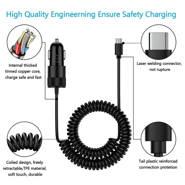 Alt view image 7 of 7 - for iPhone 16e 17e 16 17 18 Pro Max Air, Fast Car Charger Adapter for | iPhone Duo, 16, 16e, 16 Pro Max, 16 Plus, 15, USB C Vehicle Phone Auto Automobile Plug 2.8FT Coiled Cable Cord, Charging