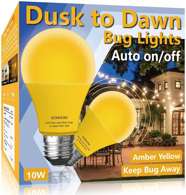 Main image of Dusk to Dawn Bug Light Bulb Outdoor,2 Pack Amber Bug Light Bulb,Auto On/Off,10W(100W Equivalent),E26 Base,Bug Lights for Outside.Home Hallway Porch Lights.Decorative Lamps.Bedroom
