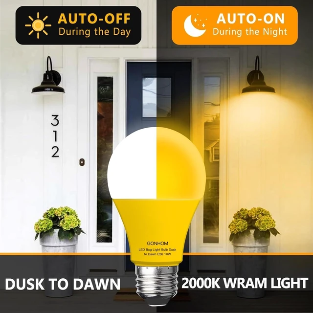 Alt view image 2 of 7 - Dusk to Dawn Bug Light Bulb Outdoor,4 Pack Amber Bug Light Bulb,Auto On/Off,10W(100W Equivalent),E26 Base,Bug Lights for Outside.Home Hallway Porch Lights.Decorative Lamps.Bedroom