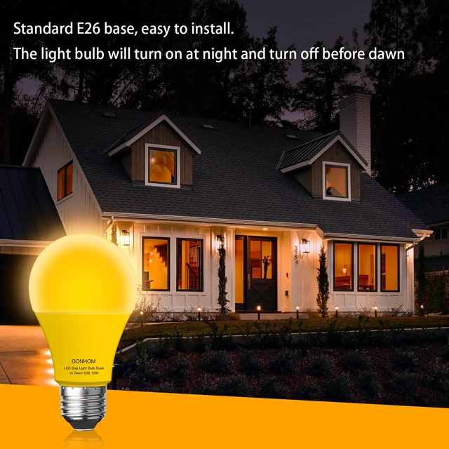 Alt view image 4 of 7 - Dusk to Dawn Bug Light Bulb Outdoor,4 Pack Amber Bug Light Bulb,Auto On/Off,10W(100W Equivalent),E26 Base,Bug Lights for Outside.Home Hallway Porch Lights.Decorative Lamps.Bedroom