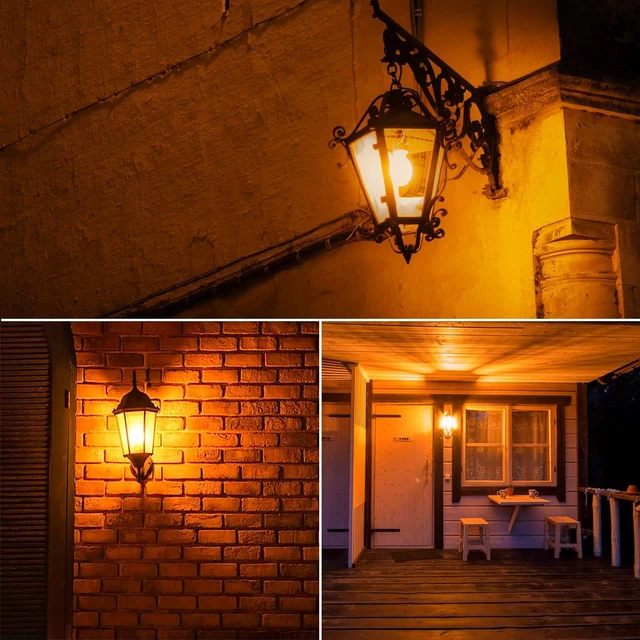 Alt view image 7 of 7 - Dusk to Dawn Bug Light Bulb Outdoor,4 Pack Amber Bug Light Bulb,Auto On/Off,10W(100W Equivalent),E26 Base,Bug Lights for Outside.Home Hallway Porch Lights.Decorative Lamps.Bedroom