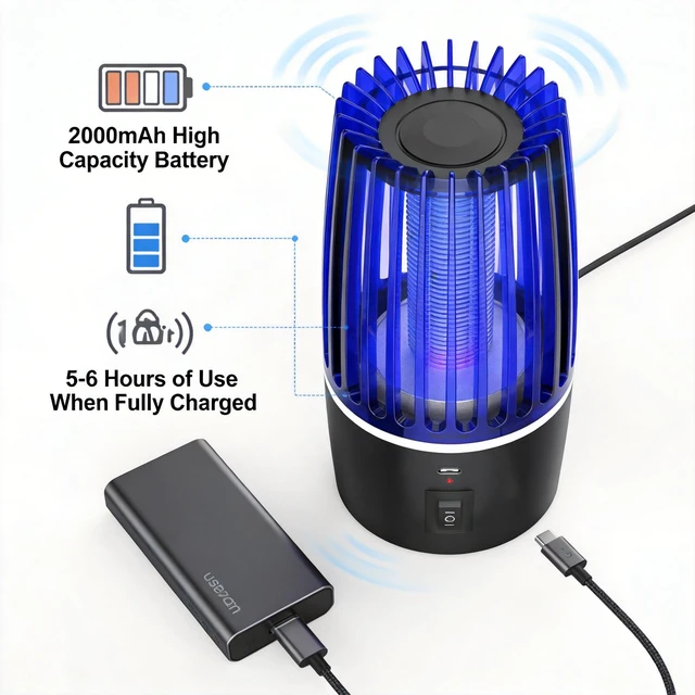 Alt view image 5 of 7 - Rechargeable Mosquito Zapper, 3500V Electric Bug Zapper with UV Light Attraction, 2000mAh USB Powered Insect Trap for Bedroom Kitchen Patio Indoor Outdoor Use