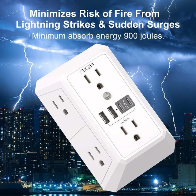 Alt view image 6 of 7 - Outlet Extender Surge Protector 6 Outlet Splitter with 4 USB Ports(2 USB-C), Multi Plug Wall Outlet 900J Power Strip for Home Office Dorm Room Essentials, ETL, White