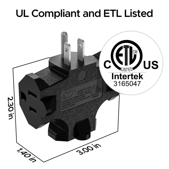 Alt view image 2 of 7 - 3-Pack 3 Way Plug Adapter, ETL Listed 3 Outlet Grounded Wall | Outlet Splitter, 3 Prong Multi Outlet Adapter, 15A 125V 1875W, Power Splitter for Home, Office or Travel, Black.