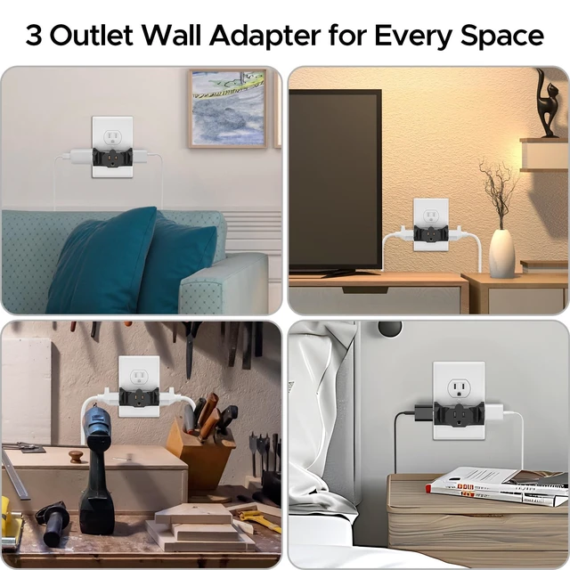 Alt view image 7 of 7 - 3-Pack 3 Way Plug Adapter, ETL Listed 3 Outlet Grounded Wall | Outlet Splitter, 3 Prong Multi Outlet Adapter, 15A 125V 1875W, Power Splitter for Home, Office or Travel, Black.
