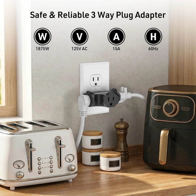 Alt view image 4 of 7 - 3-Pack 3 Way Plug Adapter, ETL Listed 3 Outlet Grounded Wall | Outlet Splitter, 3 Prong Multi Outlet Adapter, 15A 125V 1875W, Power Splitter for Home, Office or Travel, Black.