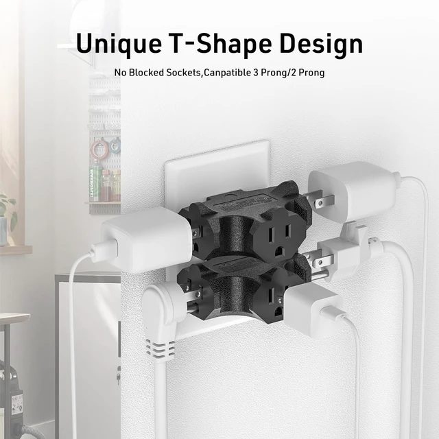 Alt view image 6 of 7 - 3-Pack 3 Way Plug Adapter, ETL Listed 3 Outlet Grounded Wall | Outlet Splitter, 3 Prong Multi Outlet Adapter, 15A 125V 1875W, Power Splitter for Home, Office or Travel, Black.