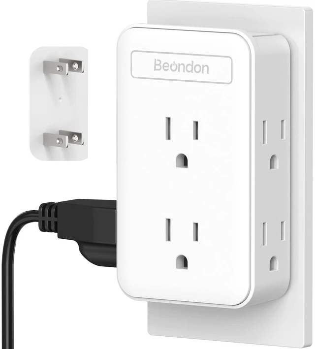 Main image of 2 to 3 Prong Outlet Adapter with 6 Outlets, White, 1 Pack | Three-sided wall extender for older two-prong outlets in homes, apartments and hotels. Does not provide grounding.