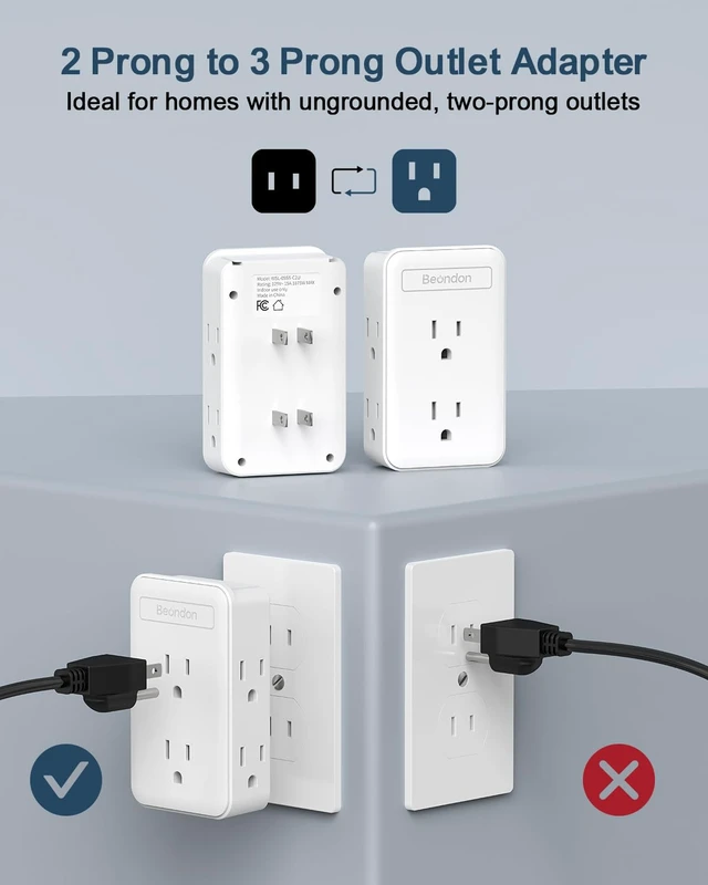 Alt view image 2 of 7 - 2 to 3 Prong Outlet Adapter with 6 Outlets, White, 1 Pack | Three-sided wall extender for older two-prong outlets in homes, apartments and hotels. Does not provide grounding.