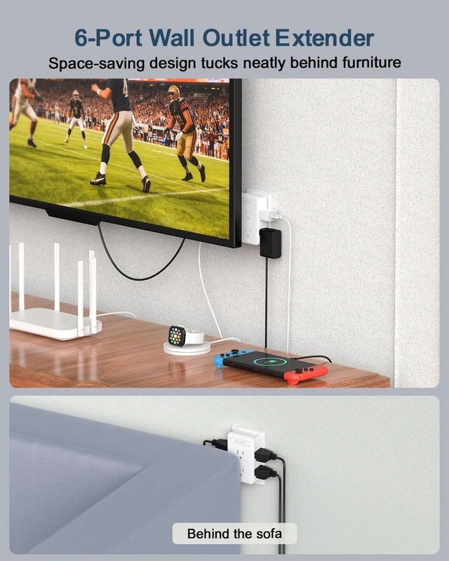 Alt view image 3 of 7 - 2 to 3 Prong Outlet Adapter with 6 Outlets, White, 1 Pack | Three-sided wall extender for older two-prong outlets in homes, apartments and hotels. Does not provide grounding.