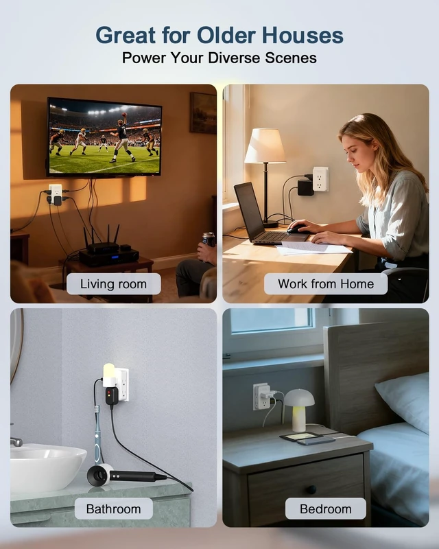 Alt view image 7 of 7 - 2 to 3 Prong Outlet Adapter with 6 Outlets, White, 1 Pack | Three-sided wall extender for older two-prong outlets in homes, apartments and hotels. Does not provide grounding.