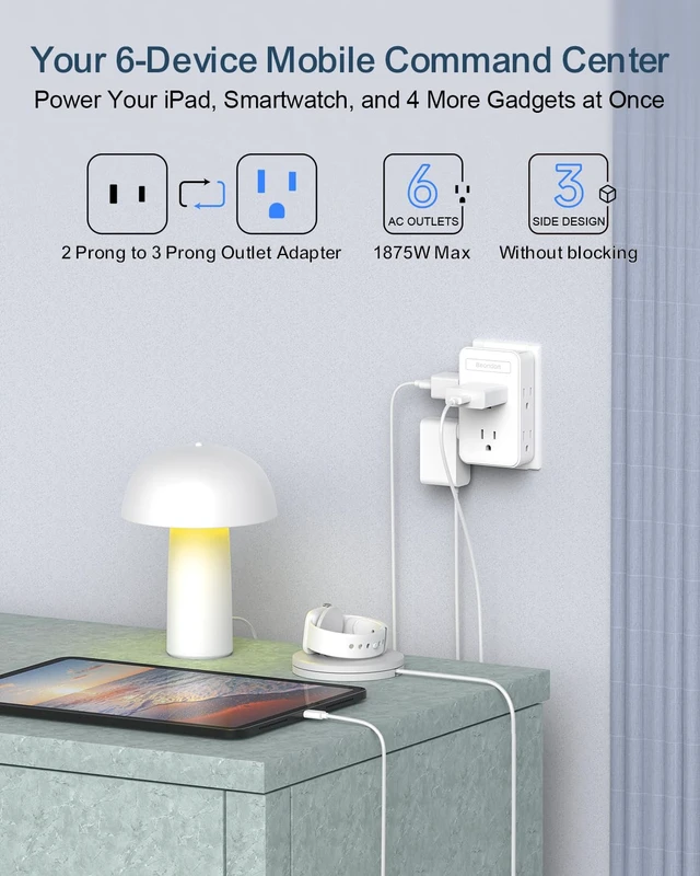 Alt view image 5 of 7 - 2 to 3 Prong Outlet Adapter with 6 Outlets, White, 1 Pack | Three-sided wall extender for older two-prong outlets in homes, apartments and hotels. Does not provide grounding.
