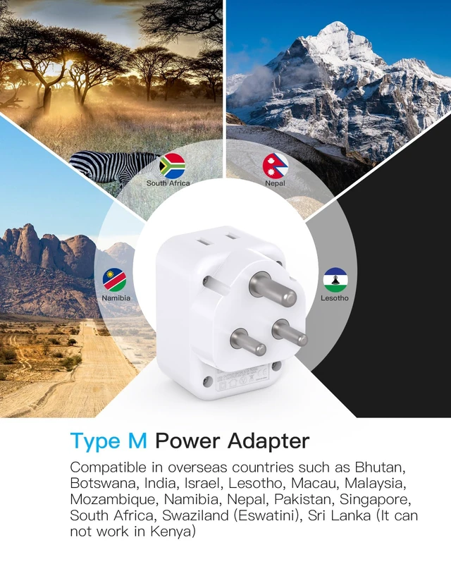 Alt view image 2 of 7 - US to South Africa Plug Adapter, Type M Travel Charger Power Adaptor | Travel Plug Adapter, 2 AC Outlets 3 USB Ports(2 USB C) for US to South Africa Botswana Namibia India Nepal Bhutan Sri Lanka