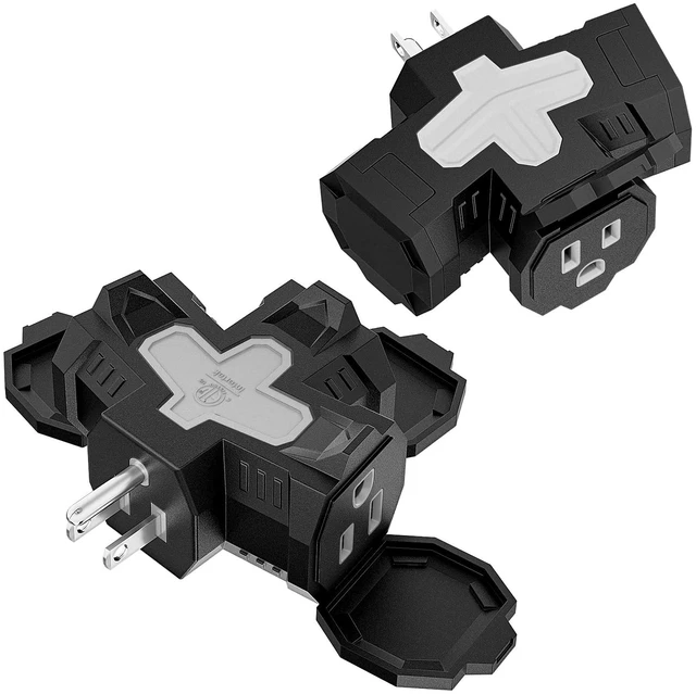 Main image of 3 Outlet Grounding Adapter, Heavy Duty Plug Extender 2 Pack Black | 3 Outlet Power Splitter, Protective Cover, Grounded 3-Prong Plug, Compact Space-Saving Design, Home, Office & Workshop