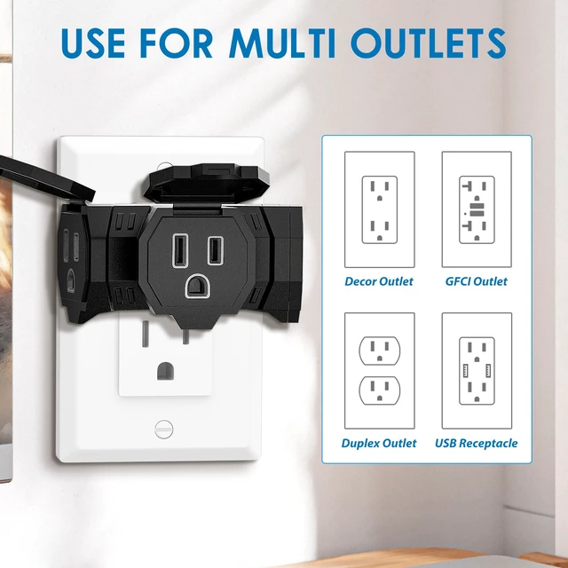 Alt view image 2 of 7 - 3 Outlet Grounding Adapter, Heavy Duty Plug Extender 2 Pack Black | 3 Outlet Power Splitter, Protective Cover, Grounded 3-Prong Plug, Compact Space-Saving Design, Home, Office & Workshop
