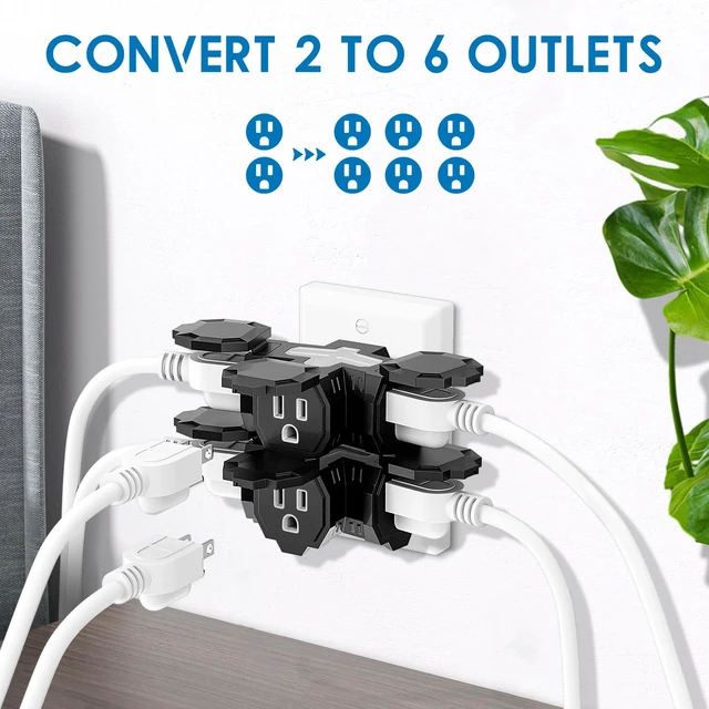 Alt view image 3 of 7 - 3 Outlet Grounding Adapter, Heavy Duty Plug Extender 2 Pack Black | 3 Outlet Power Splitter, Protective Cover, Grounded 3-Prong Plug, Compact Space-Saving Design, Home, Office & Workshop