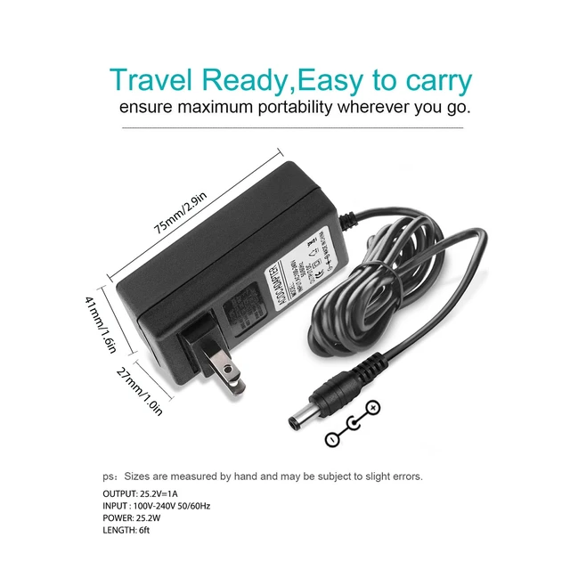 Alt view image 6 of 6 - Massage Gun Power Adapter DC 24V or 25.2V Charger Compatible for Fitpulse, TOLOCO, Fusion, Kamu, Opove, Legiral, Hypervolt, Taotronics, Bobbito, Hardnex Massage Gun Power Charger