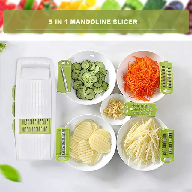 Alt view image 3 of 7 - 5 in 1 Mandoline Slicer Vegetable Slicer Mandolin Multi Blade Potato Veggie Slicer Vegetable Cutter Julienne Shredder Potato Slicer Green