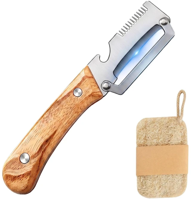 Main image of 3-in-1 Vegetable Peeler and Julienne Shredder, Classic | Stainless steel 3-in-1 peeler with wood handle, bottle opener and natural loofah sponge for vegetables, scallions and prep.