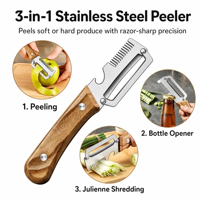 Alt view image 2 of 7 - 3-in-1 Vegetable Peeler and Julienne Shredder, Classic | Stainless steel 3-in-1 peeler with wood handle, bottle opener and natural loofah sponge for vegetables, scallions and prep.