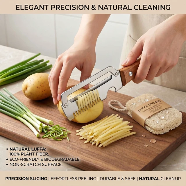 Alt view image 4 of 7 - 3-in-1 Vegetable Peeler and Julienne Shredder, Classic | Stainless steel 3-in-1 peeler with wood handle, bottle opener and natural loofah sponge for vegetables, scallions and prep.