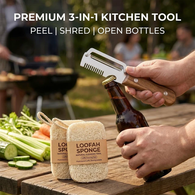 Alt view image 5 of 7 - 3-in-1 Vegetable Peeler and Julienne Shredder, Classic | Stainless steel 3-in-1 peeler with wood handle, bottle opener and natural loofah sponge for vegetables, scallions and prep.