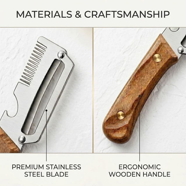 Alt view image 3 of 7 - 3-in-1 Vegetable Peeler and Julienne Shredder, Classic | Stainless steel 3-in-1 peeler with wood handle, bottle opener and natural loofah sponge for vegetables, scallions and prep.