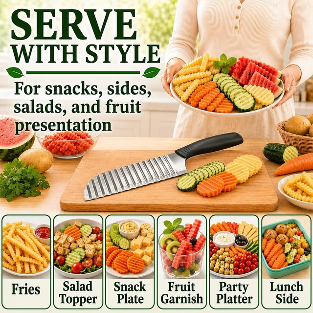 Alt view image 5 of 7 - Crinkle Cutter, Wave Potato Slicer, Vegetable Chopper, Black | Stainless Steel Food Veggie Chopper for Clean Wave Cuts on Potatoes, Veggies, Fruit and Waffle Fries