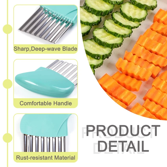 Alt view image 3 of 7 - 2 Pcs Stainless Steel Crinkle Cutter, Green and Blue | Wavy blade design for slicing potatoes, carrots, chips, vegetables, butter, and lettuce; green and blue colors.