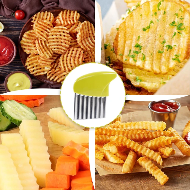 Alt view image 6 of 7 - 2 Pcs Stainless Steel Crinkle Cutter, Green and Blue | Wavy blade design for slicing potatoes, carrots, chips, vegetables, butter, and lettuce; green and blue colors.