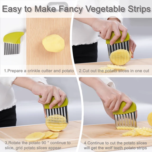 Alt view image 5 of 7 - 2 Pcs Stainless Steel Crinkle Cutter, Green and Blue | Wavy blade design for slicing potatoes, carrots, chips, vegetables, butter, and lettuce; green and blue colors.