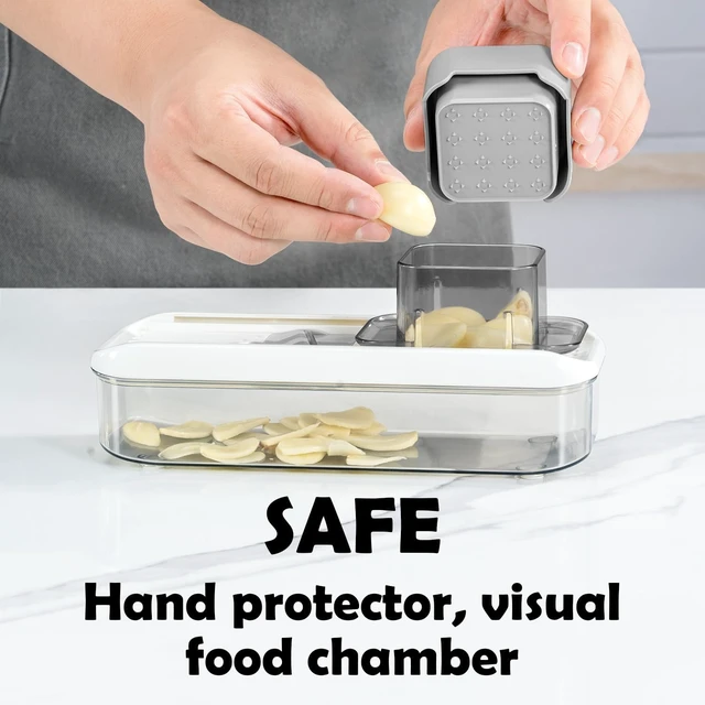 Alt view image 5 of 7 - Mini Garlic Slicer Multi-Functional Mandoline Slicer Veggie Shredder Garlic Ginger Grinder Vegetable Mandoline Cutter with Container