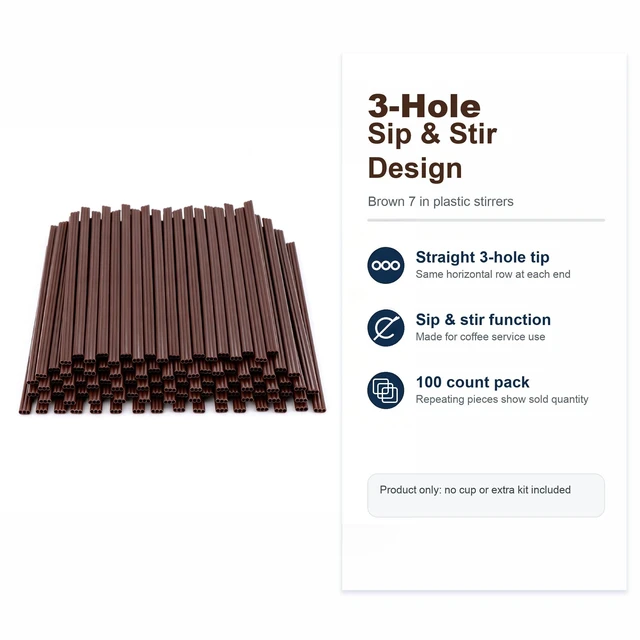Alt view image 2 of 7 - Coffee Stirrers, 7 Inch Brown 3-Hole Sip Stir Sticks, 100 Ct | Plastic sip straw design, hot drink cocktail use, office bar refill, not individually wrapped