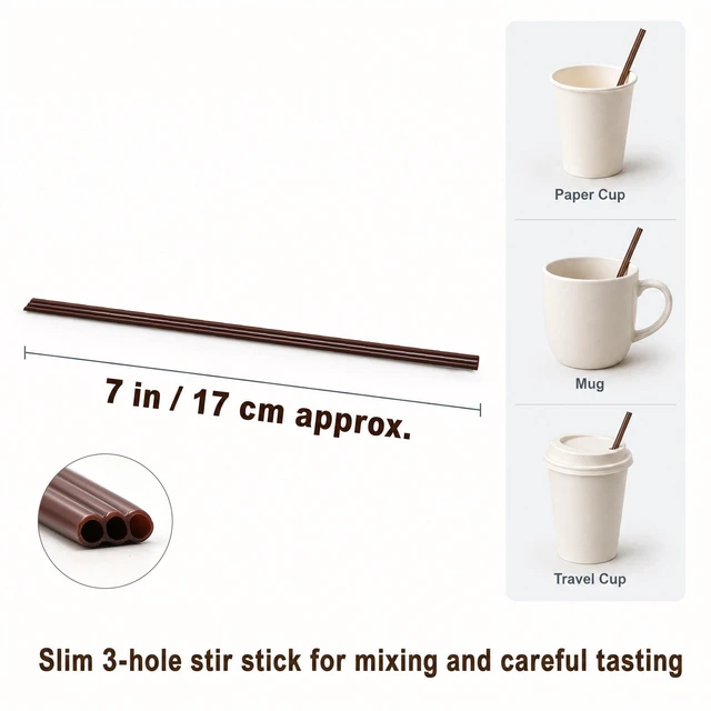 Alt view image 4 of 7 - Coffee Stirrers, 7 Inch Brown 3-Hole Sip Stir Sticks, 100 Ct | Plastic sip straw design, hot drink cocktail use, office bar refill, not individually wrapped