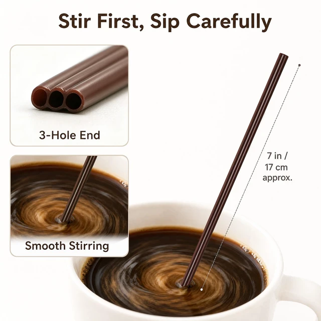 Alt view image 5 of 7 - Coffee Stirrers, 7 Inch Brown 3-Hole Sip Stir Sticks, 100 Ct | Plastic sip straw design, hot drink cocktail use, office bar refill, not individually wrapped
