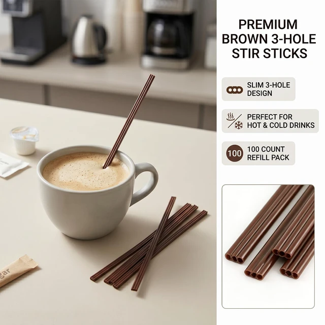 Alt view image 7 of 7 - Coffee Stirrers, 7 Inch Brown 3-Hole Sip Stir Sticks, 100 Ct | Plastic sip straw design, hot drink cocktail use, office bar refill, not individually wrapped