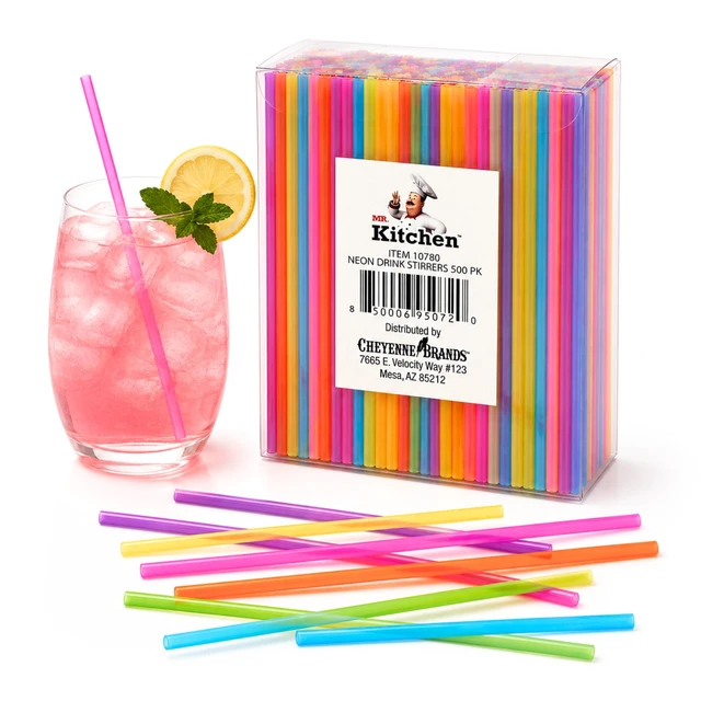 Main image of 500 Pack 5.25 Colorful Neon Drink Stirrers/Straws Plastic Coffee Stirrers, Beverage Stir Sticks for Coffee, Tea, Cocktails, Mixed Drinks, Bars, Cafes, Parties & Office Breakrooms