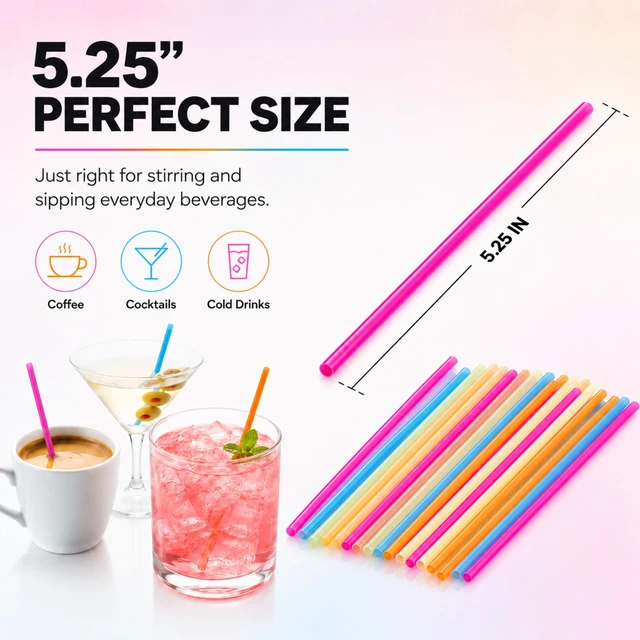 Alt view image 4 of 7 - 500 Pack 5.25 Colorful Neon Drink Stirrers/Straws Plastic Coffee Stirrers, Beverage Stir Sticks for Coffee, Tea, Cocktails, Mixed Drinks, Bars, Cafes, Parties & Office Breakrooms
