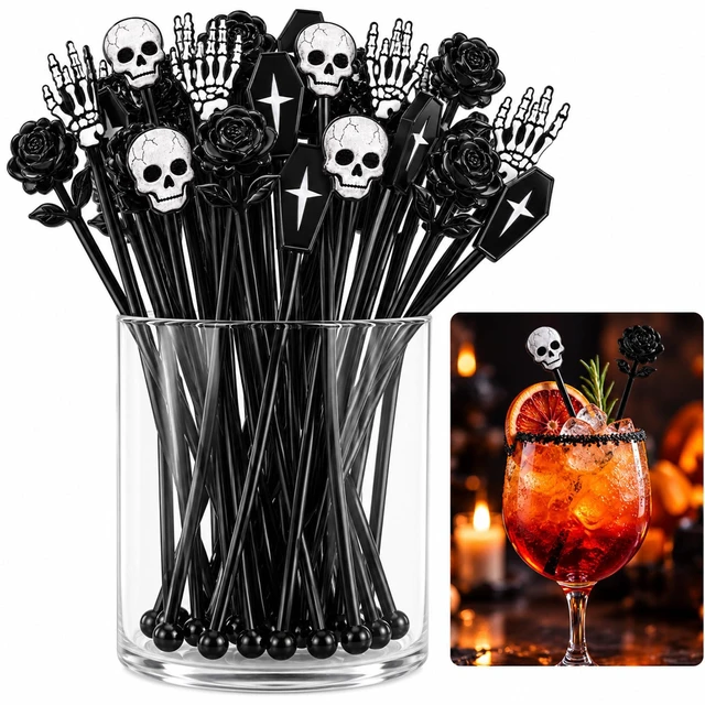 Main image of Halloween Cocktail Stirrers,36 Pack, 7.1 Inch (Gothic Mix) | Skull, Skeleton Hand, Coffin, Black Rose Drink Stirrers, Bulk Coffee Mixers for Bar, Wedding, Event, Halloween Party