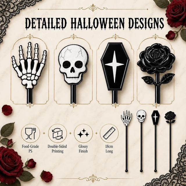 Alt view image 3 of 7 - Halloween Cocktail Stirrers,36 Pack, 7.1 Inch (Gothic Mix) | Skull, Skeleton Hand, Coffin, Black Rose Drink Stirrers, Bulk Coffee Mixers for Bar, Wedding, Event, Halloween Party