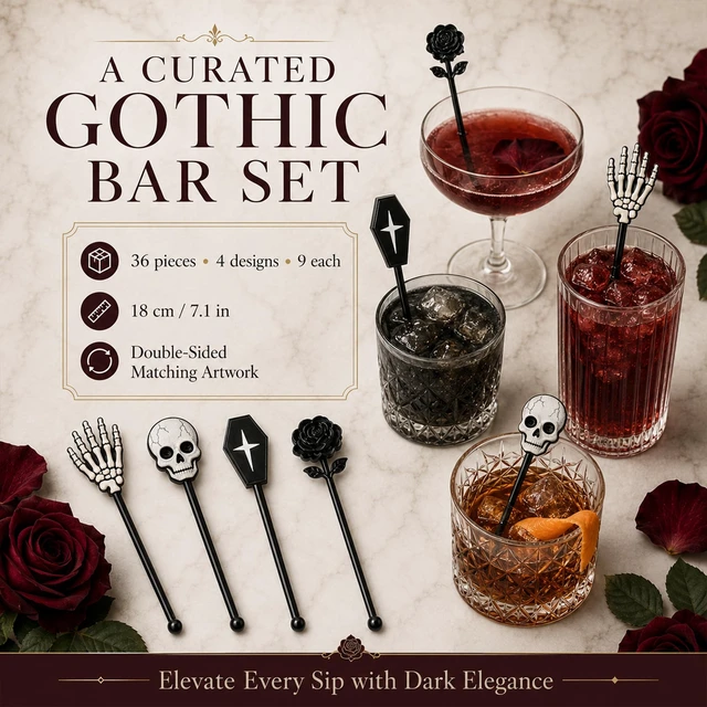 Alt view image 5 of 7 - Halloween Cocktail Stirrers,36 Pack, 7.1 Inch (Gothic Mix) | Skull, Skeleton Hand, Coffin, Black Rose Drink Stirrers, Bulk Coffee Mixers for Bar, Wedding, Event, Halloween Party