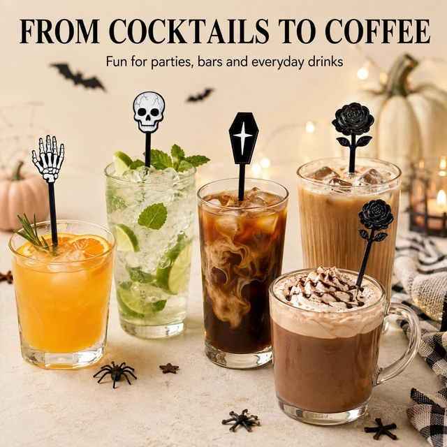 Alt view image 6 of 7 - Halloween Cocktail Stirrers,36 Pack, 7.1 Inch (Gothic Mix) | Skull, Skeleton Hand, Coffin, Black Rose Drink Stirrers, Bulk Coffee Mixers for Bar, Wedding, Event, Halloween Party
