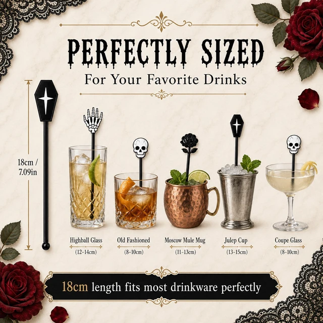 Alt view image 2 of 7 - Halloween Cocktail Stirrers,36 Pack, 7.1 Inch (Gothic Mix) | Skull, Skeleton Hand, Coffin, Black Rose Drink Stirrers, Bulk Coffee Mixers for Bar, Wedding, Event, Halloween Party