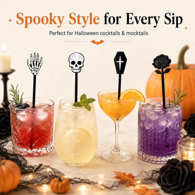 Alt view image 7 of 7 - Halloween Cocktail Stirrers,36 Pack, 7.1 Inch (Gothic Mix) | Skull, Skeleton Hand, Coffin, Black Rose Drink Stirrers, Bulk Coffee Mixers for Bar, Wedding, Event, Halloween Party
