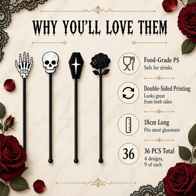 Alt view image 4 of 7 - Halloween Cocktail Stirrers,36 Pack, 7.1 Inch (Gothic Mix) | Skull, Skeleton Hand, Coffin, Black Rose Drink Stirrers, Bulk Coffee Mixers for Bar, Wedding, Event, Halloween Party